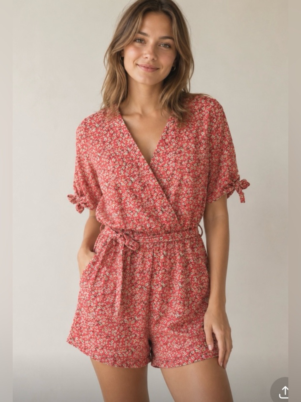 DEX Rusty Orange Floral Romper with Pockets and Belt